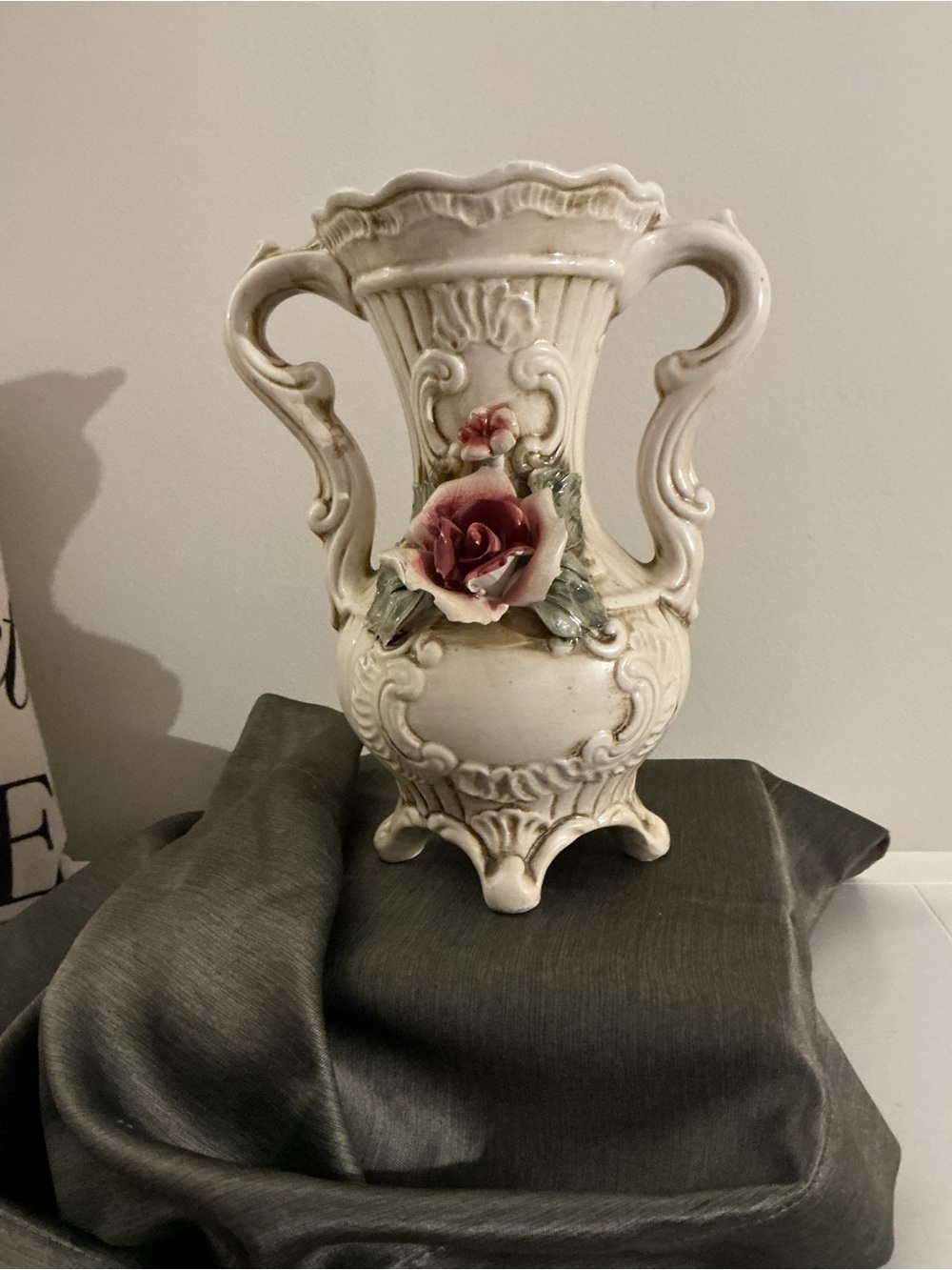 Ornate Cream Porcelain Vase with Pink Rose Accent